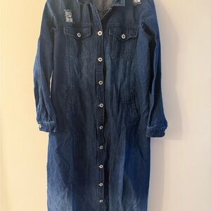 Indigo Thread Co. Denim Dark Wash Button Front Denim Dress Size L Distressed
